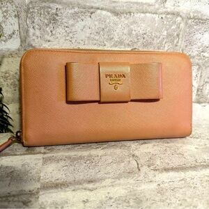 Prada Pink Saffiano Fiocco Bow Zip Around Wallet Cammeo‎